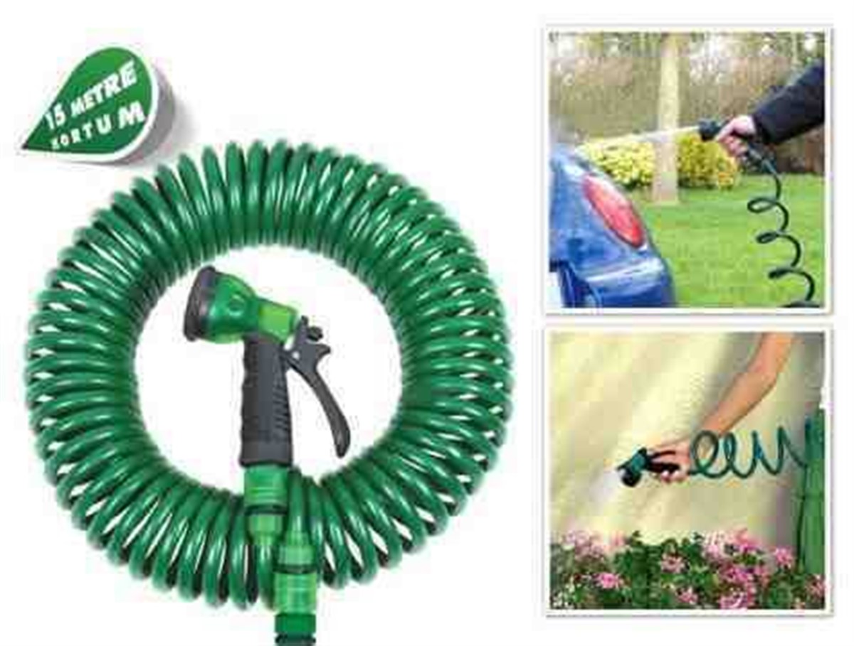 4 Fonksiyonlu Sulama Başlıklı Spiral Hortum 15 Metre