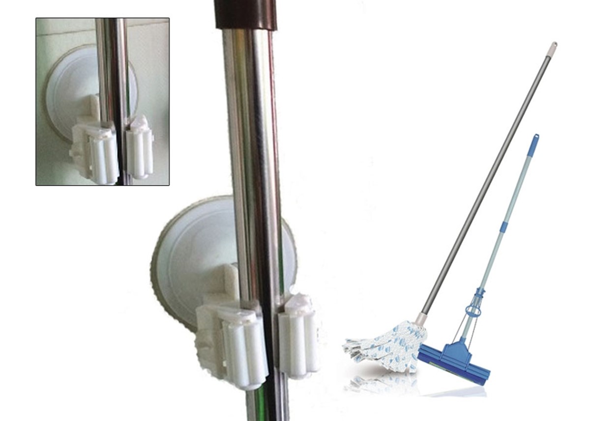 Vantuzlu Fırça Mop Tutucu Askı 2 Adet Birden Asorti