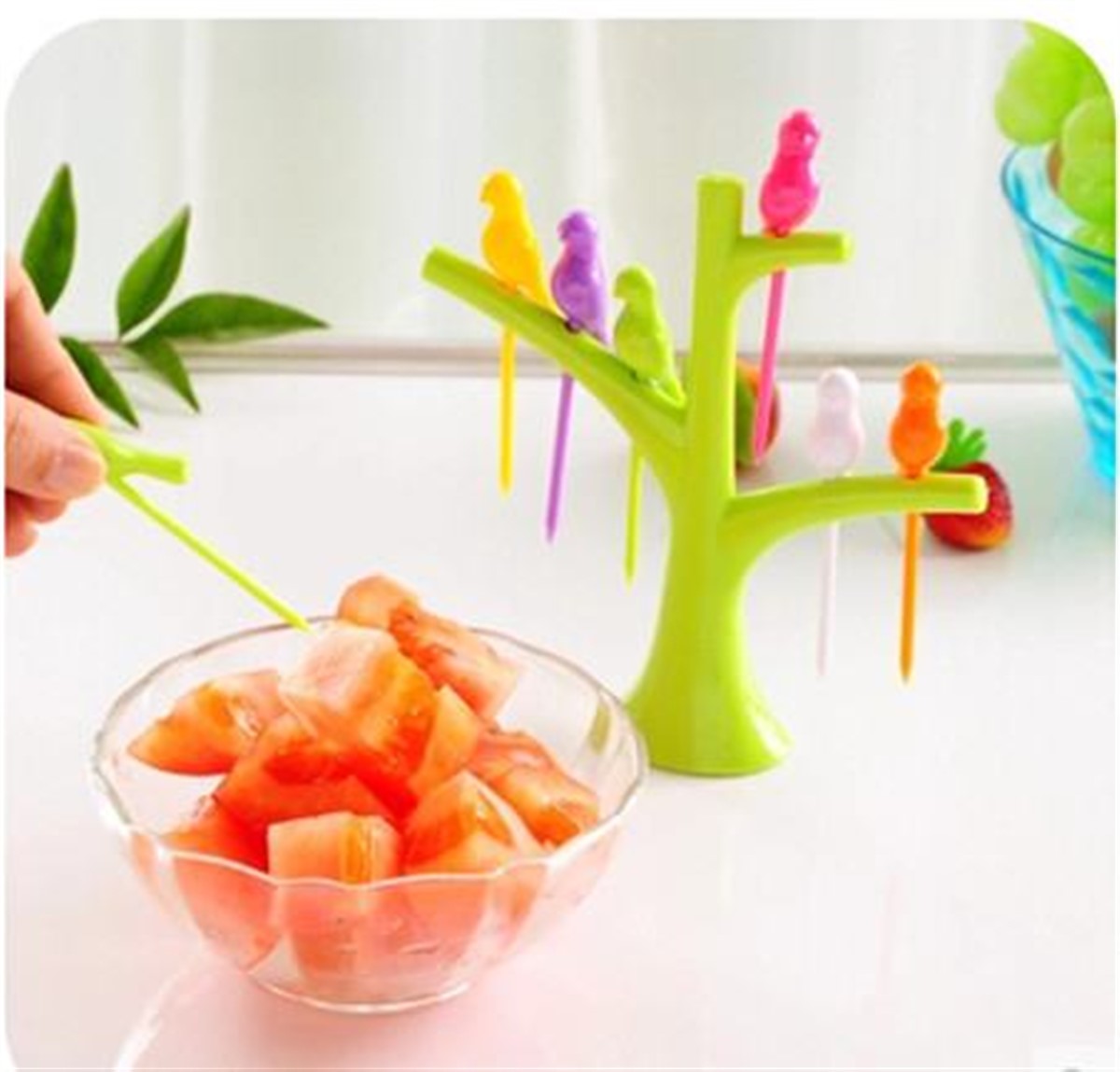 Ağaç Stantlı Kuş Şeklinde 6 adet Kokteyl Kürdan Seti Asorti