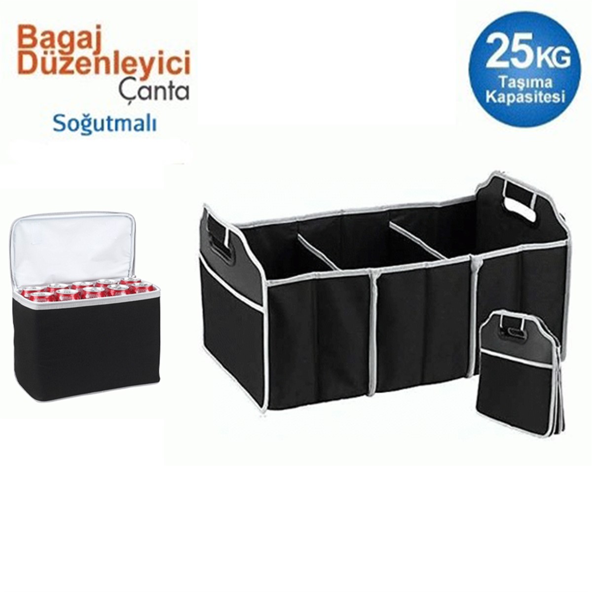 Katlanabilir 3 Bölmeli Araç Bagaj Organizeri ve Soğutucu Çanta