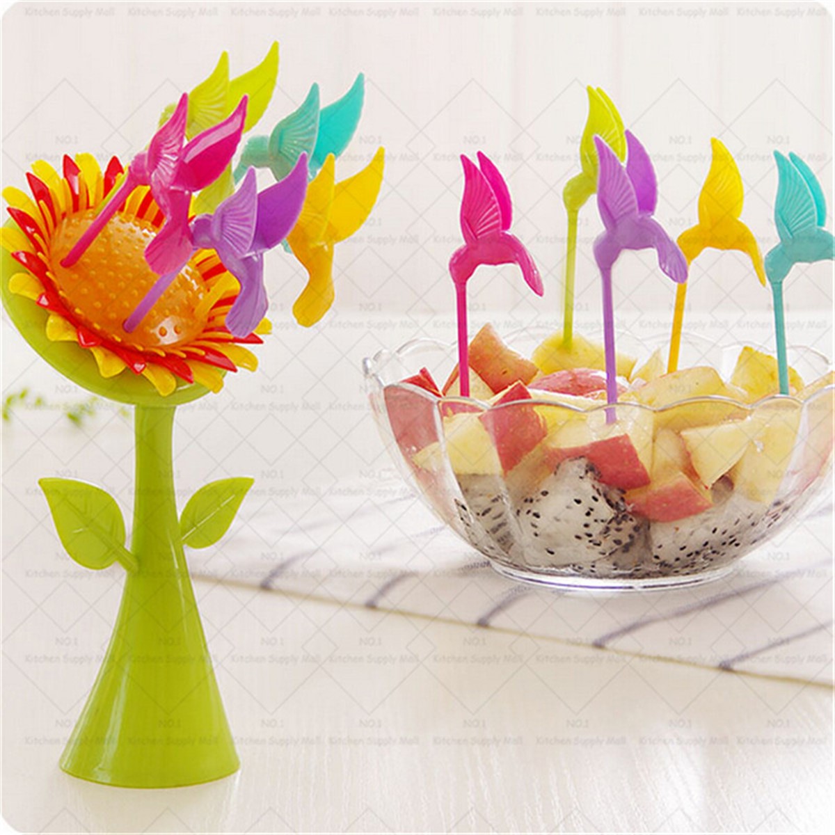 Plastik Ayçiçeği Stantlı Kuşlu 5 Adet Meyve Çatal Kürdan Seti