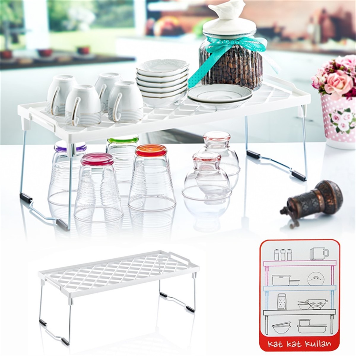 Mutfak Banyo Dolap İçi Tezgah Üstü Düzenleyici Raf 20x45 CM